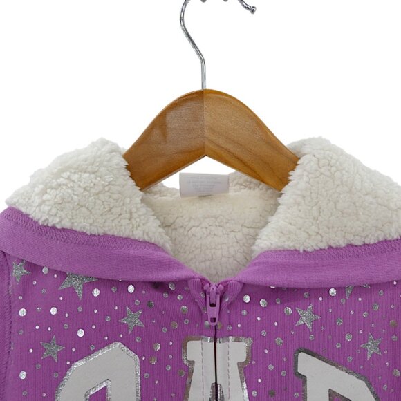 NWT Baby Gap Sherpa Lined Kanga Hoodie Size 4T Purple Sparkle Stars Logo Jacket - Picture 5 of 9